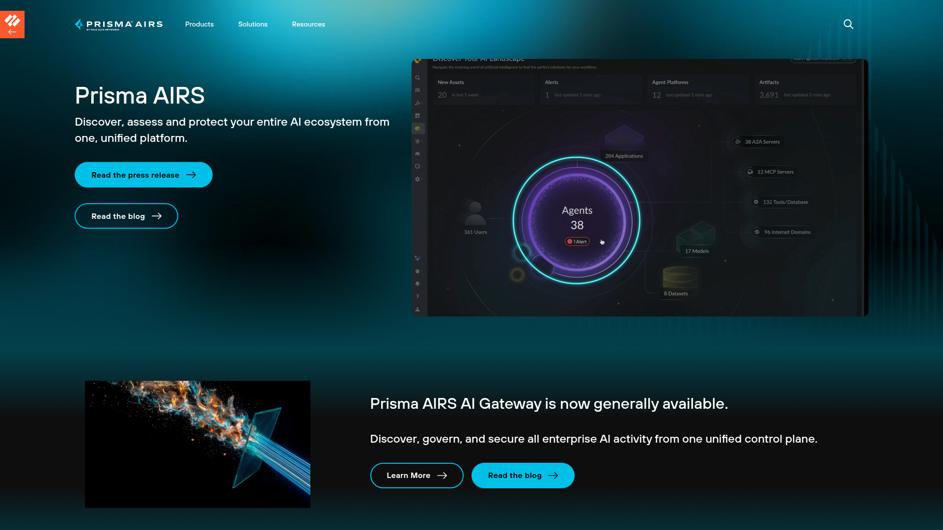 Prisma AIRS product page showing agent, application, model, and data security