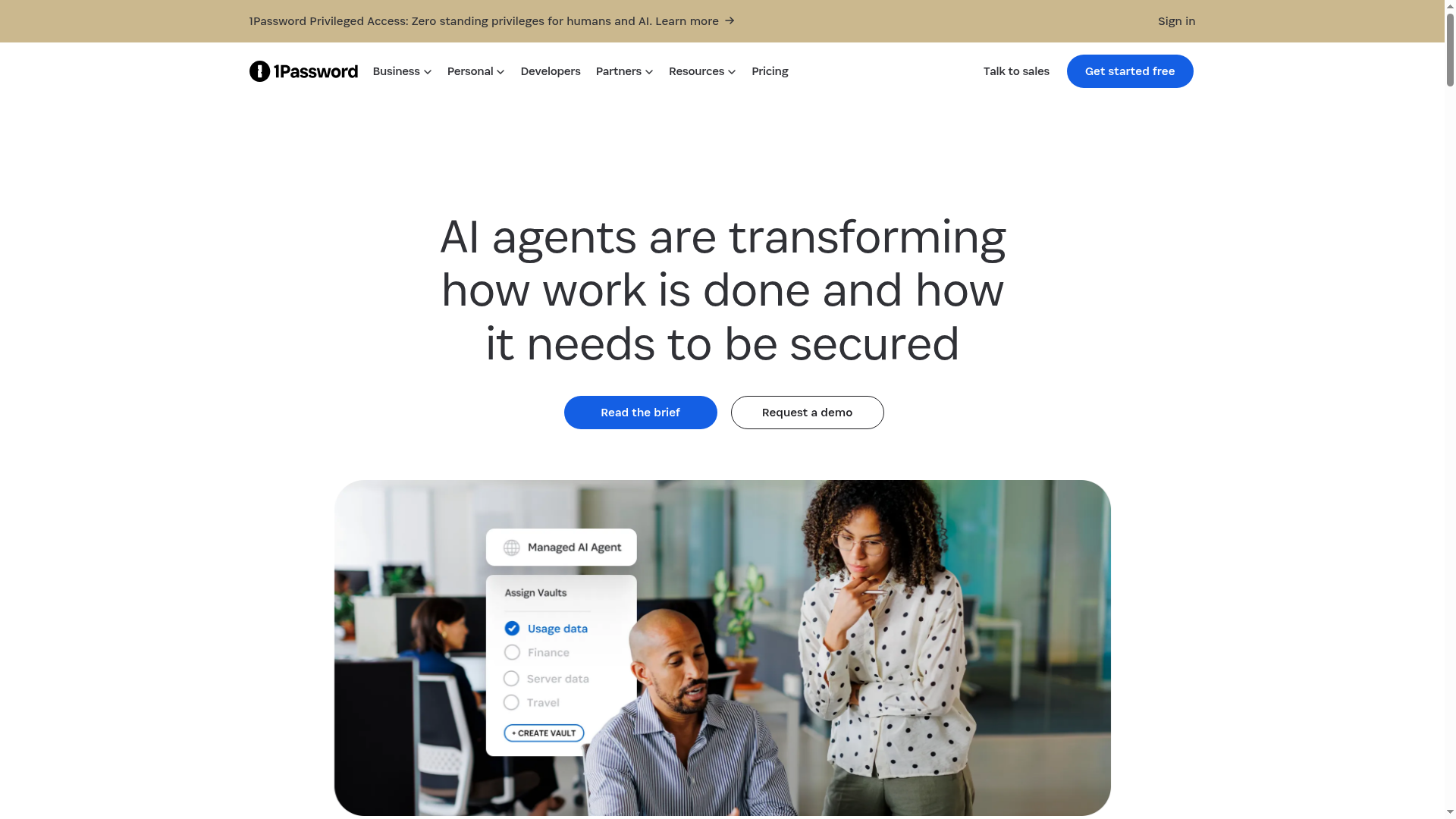 1Password agentic AI page showing managed vault access and agent auditability