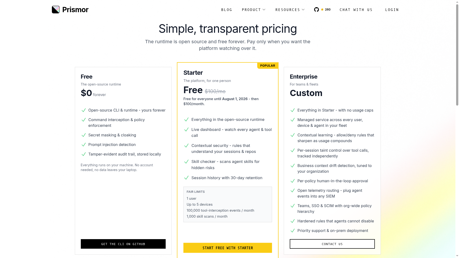 Prismor pricing page showing free open-source runtime and paid platform tiers