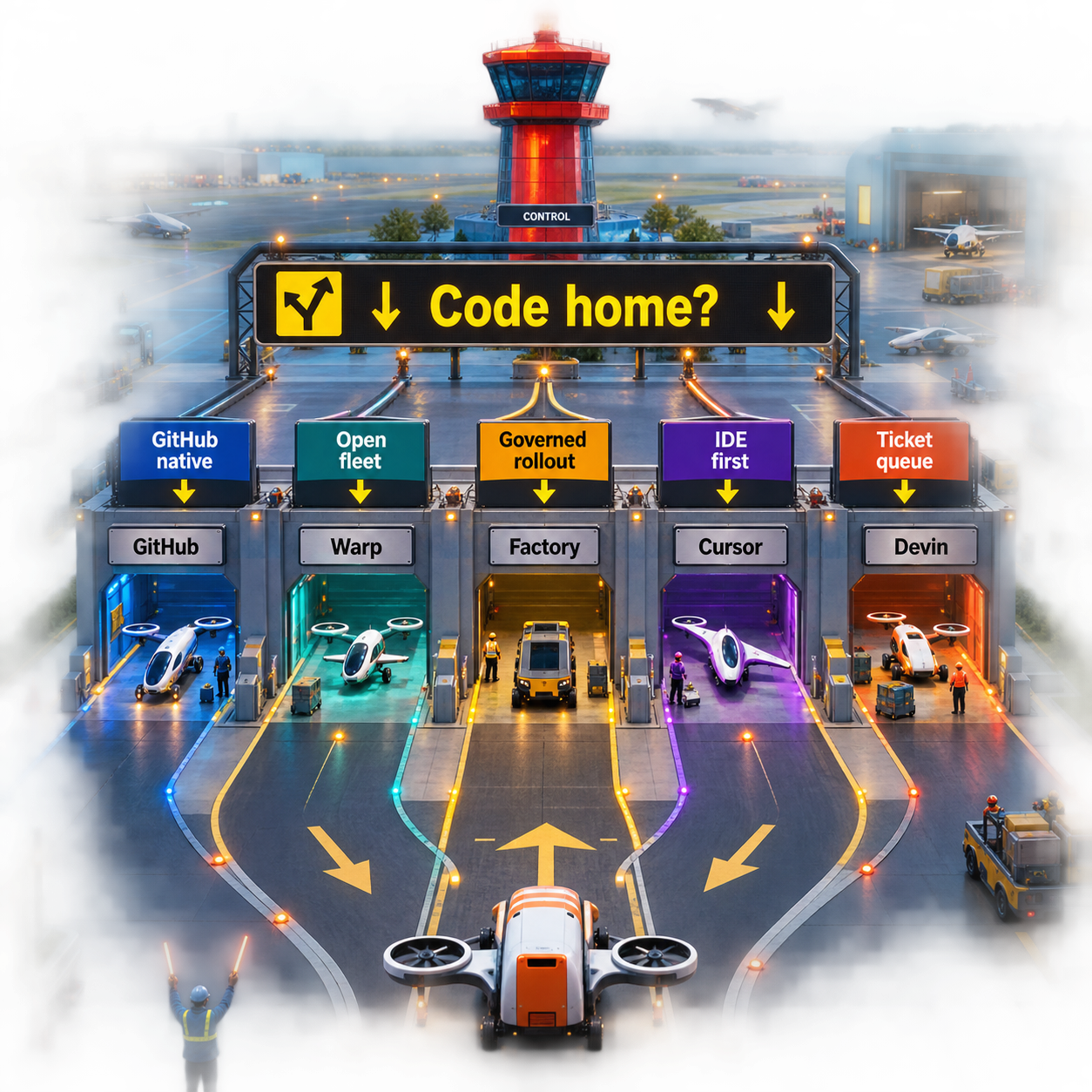 Decision flow routing software factory buyers by code home and operating model