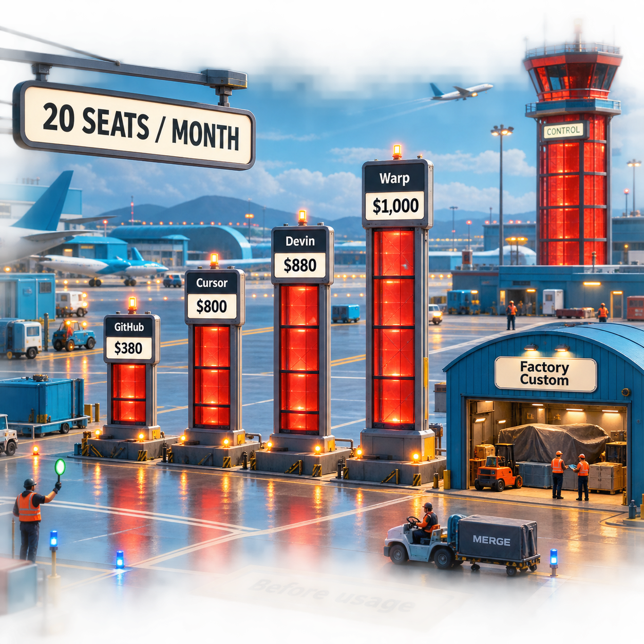 Physical comparison of monthly subscription floors for 20 software factory users