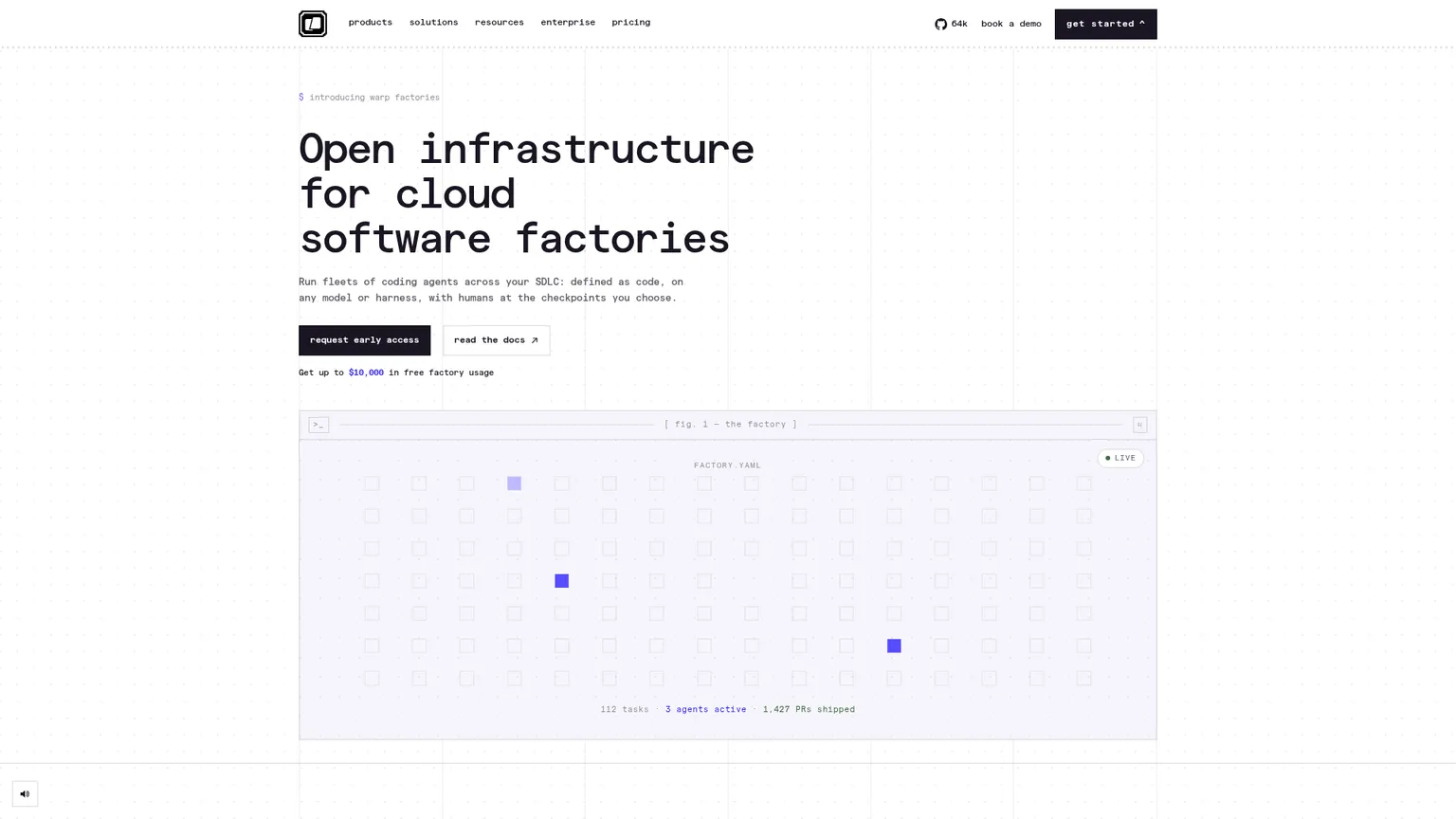 Produktseite von Warp Factories mit Factory-Konfiguration und Agentenbetrieb