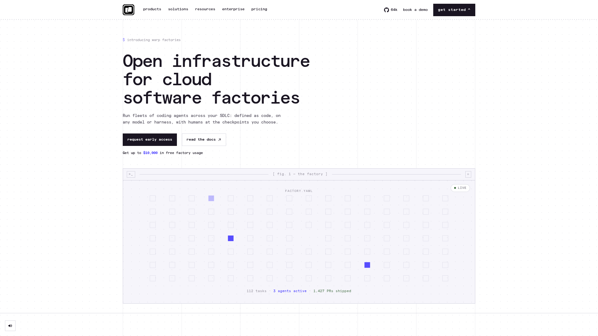 Warp Factories product page showing factory configuration and agent operations