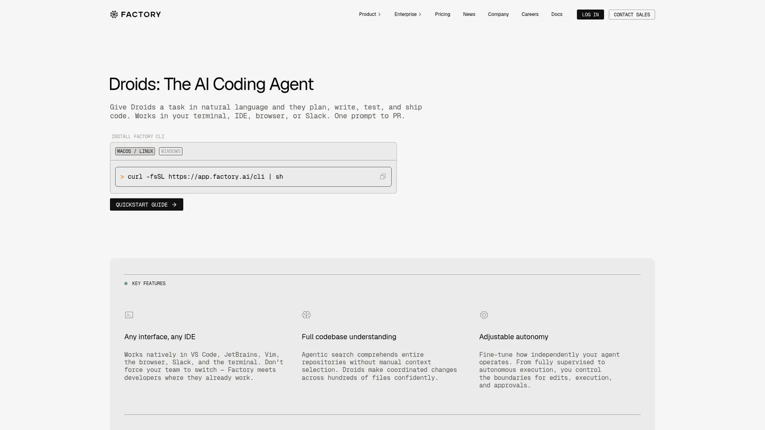 Produktseite von Factory Droids mit Agenten-Workflows über Werkzeuge der Softwareentwicklung hinweg