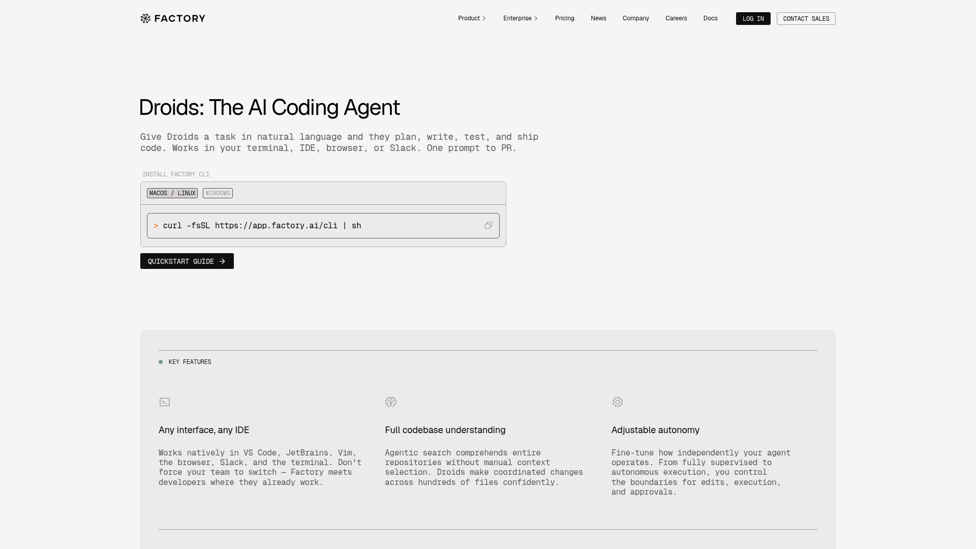 Factory Droids product page showing agent workflows across software development tools