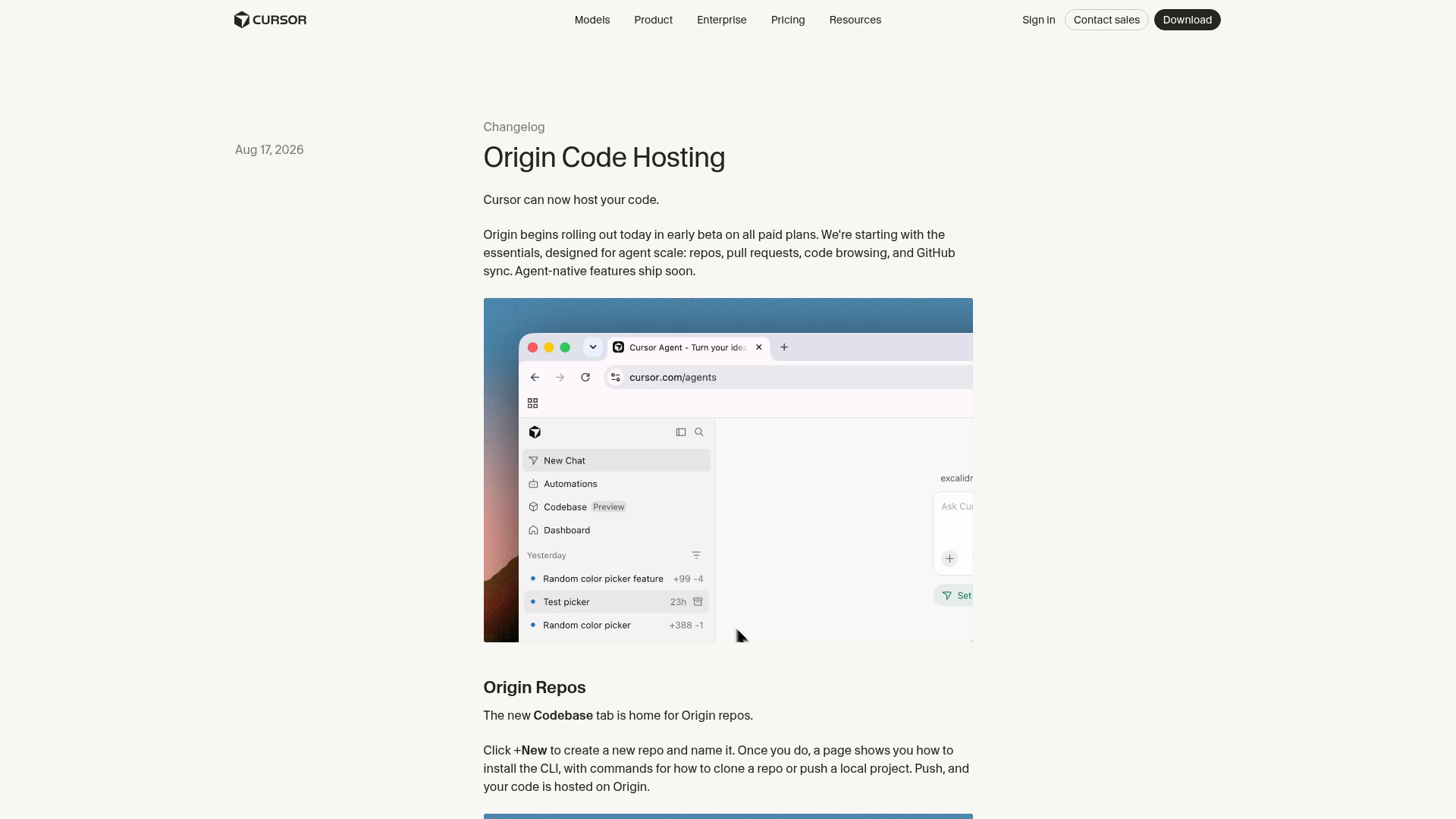 Cursor Origin code-hosting page showing repositories and pull requests