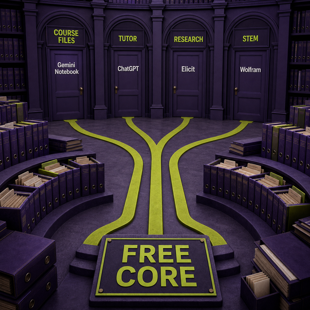 A physical study-tool decision path branching from a free core to course files, tutoring, research, and STEM