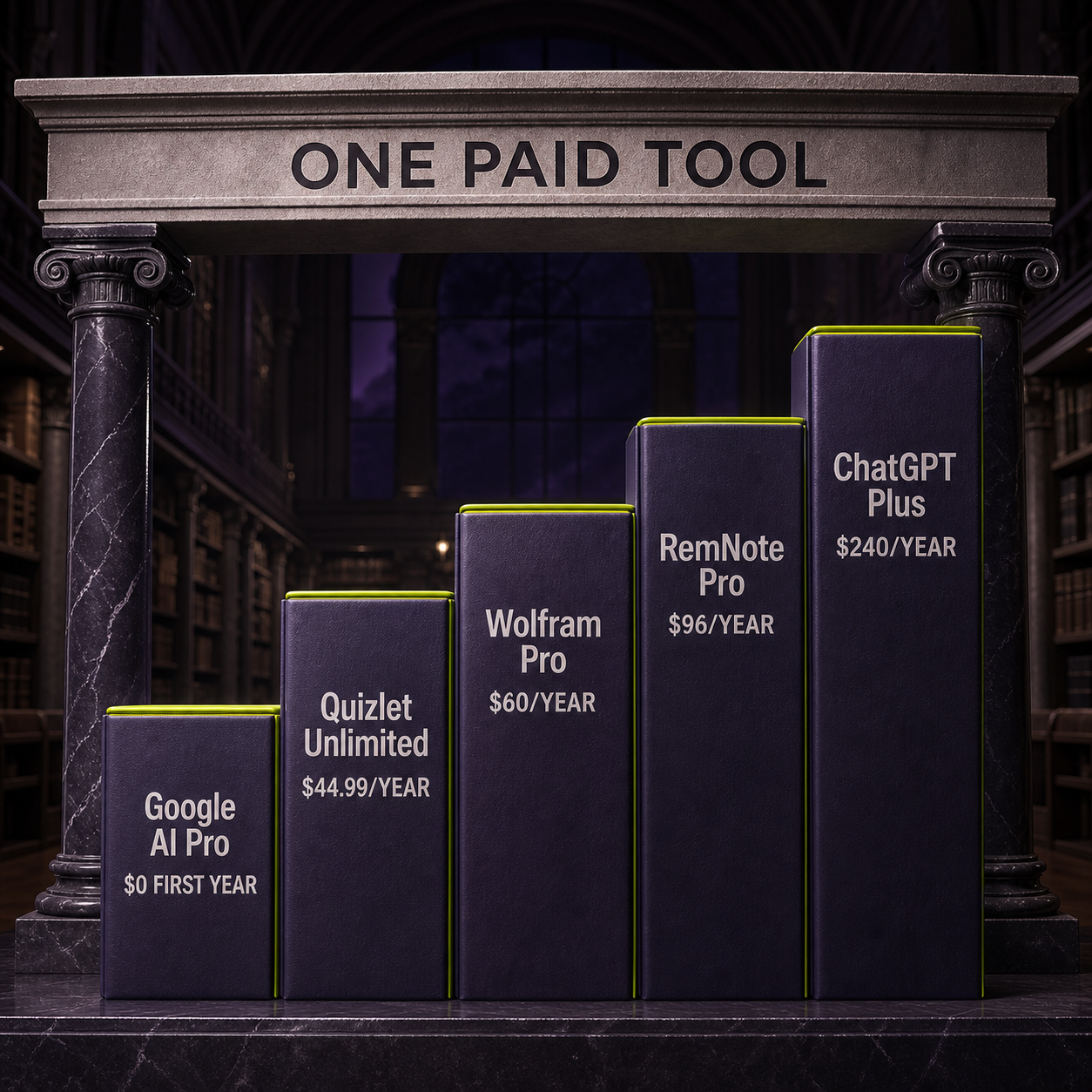 Annual cost ladder comparing a free Google student plan with Quizlet, Wolfram, RemNote, and ChatGPT specialist prices