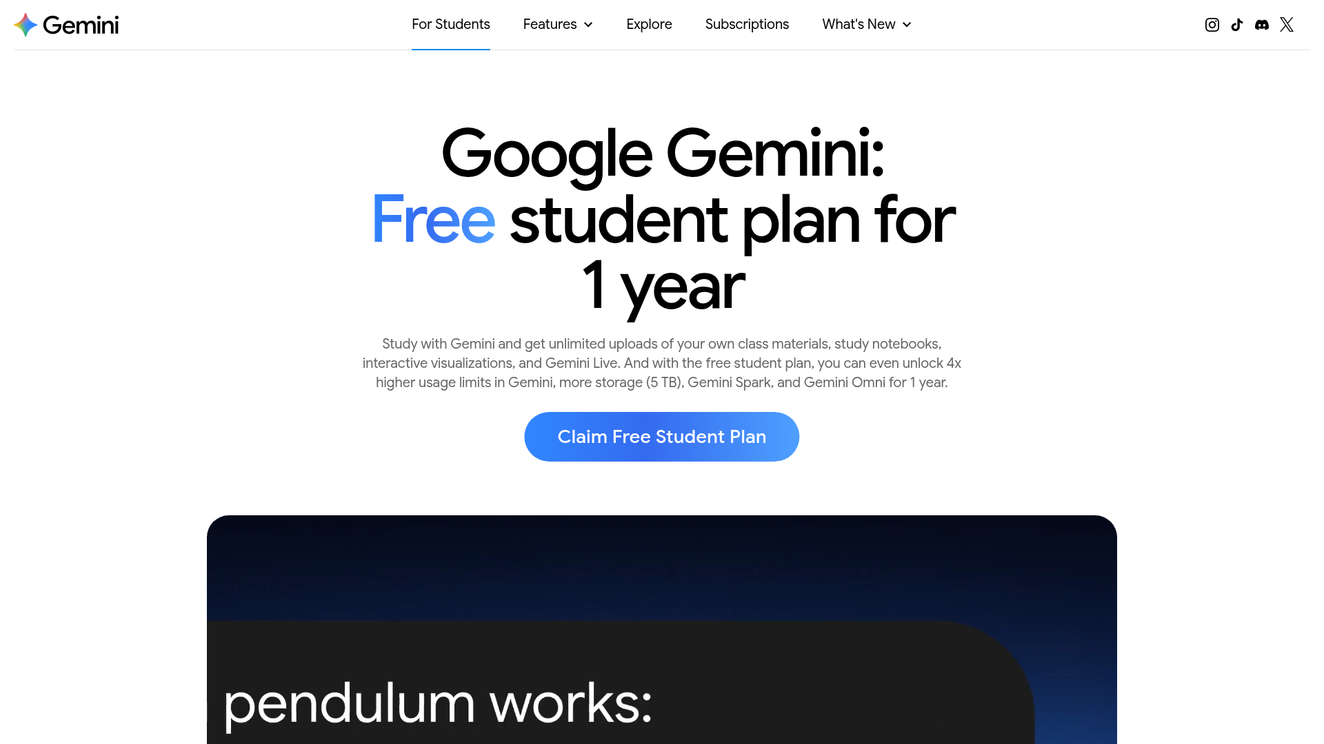 Google Gemini student plan page showing study features and the one-year offer