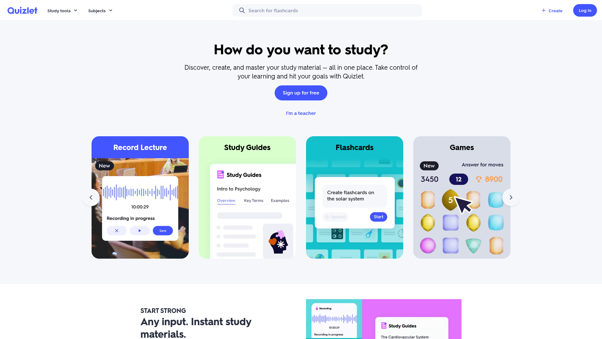 Quizlet study platform with flashcards, Learn, and practice activities