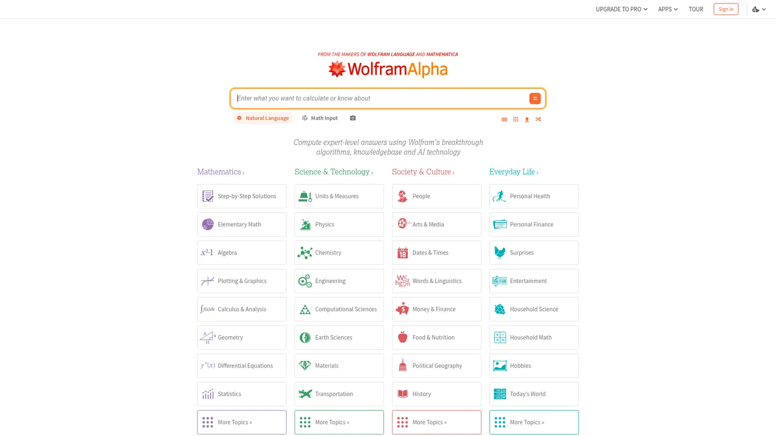 Интерфейс Wolfram Alpha для ввода вычислительного запроса и просмотра результата