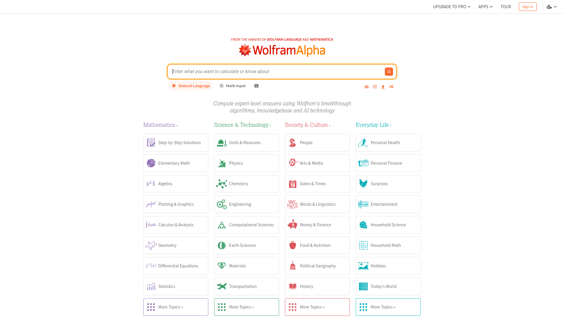 Wolfram Alpha computational input and result interface