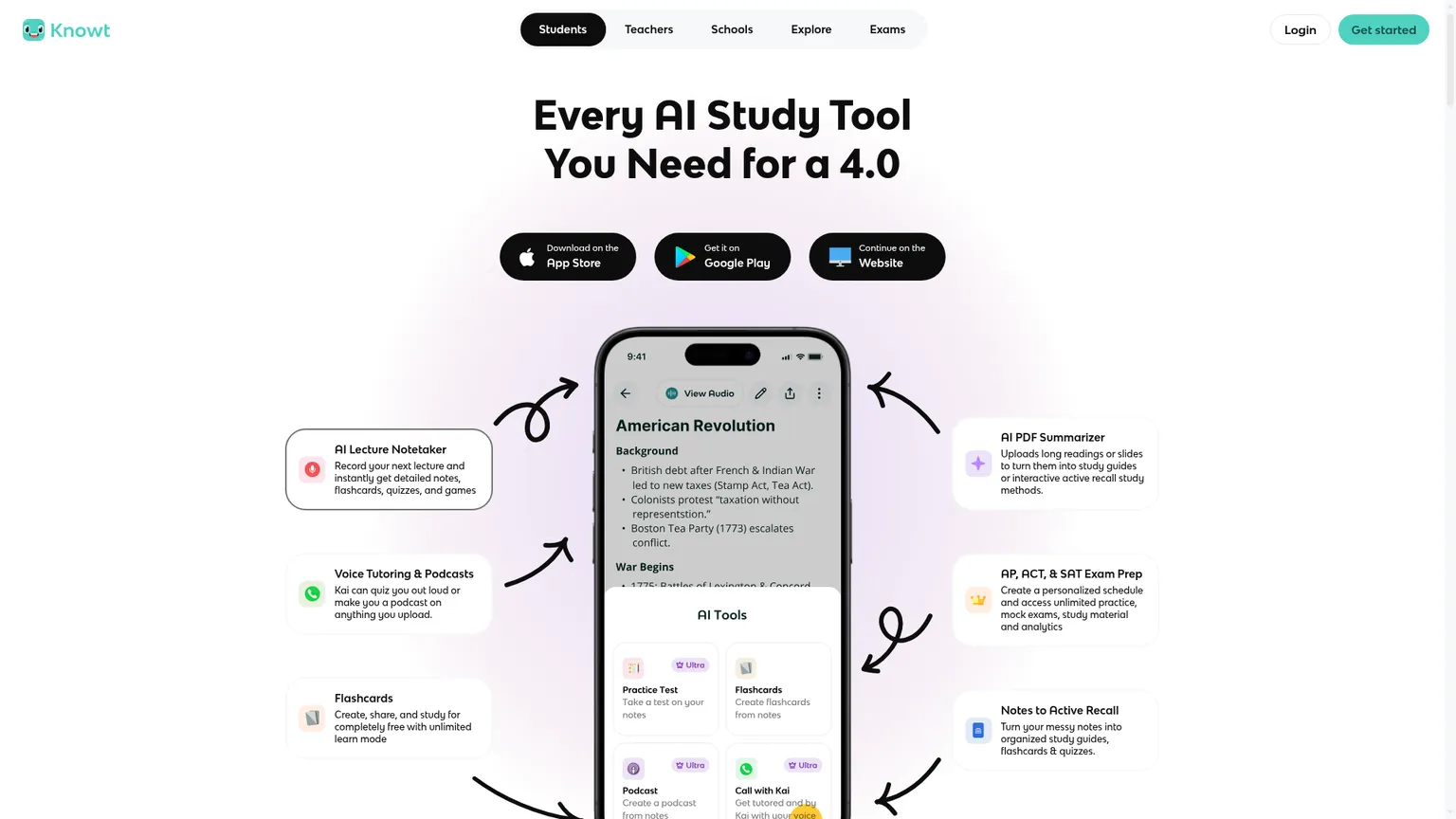 Учебная платформа Knowt с конспектами, карточками, тестами и инструментами активного воспроизведения
