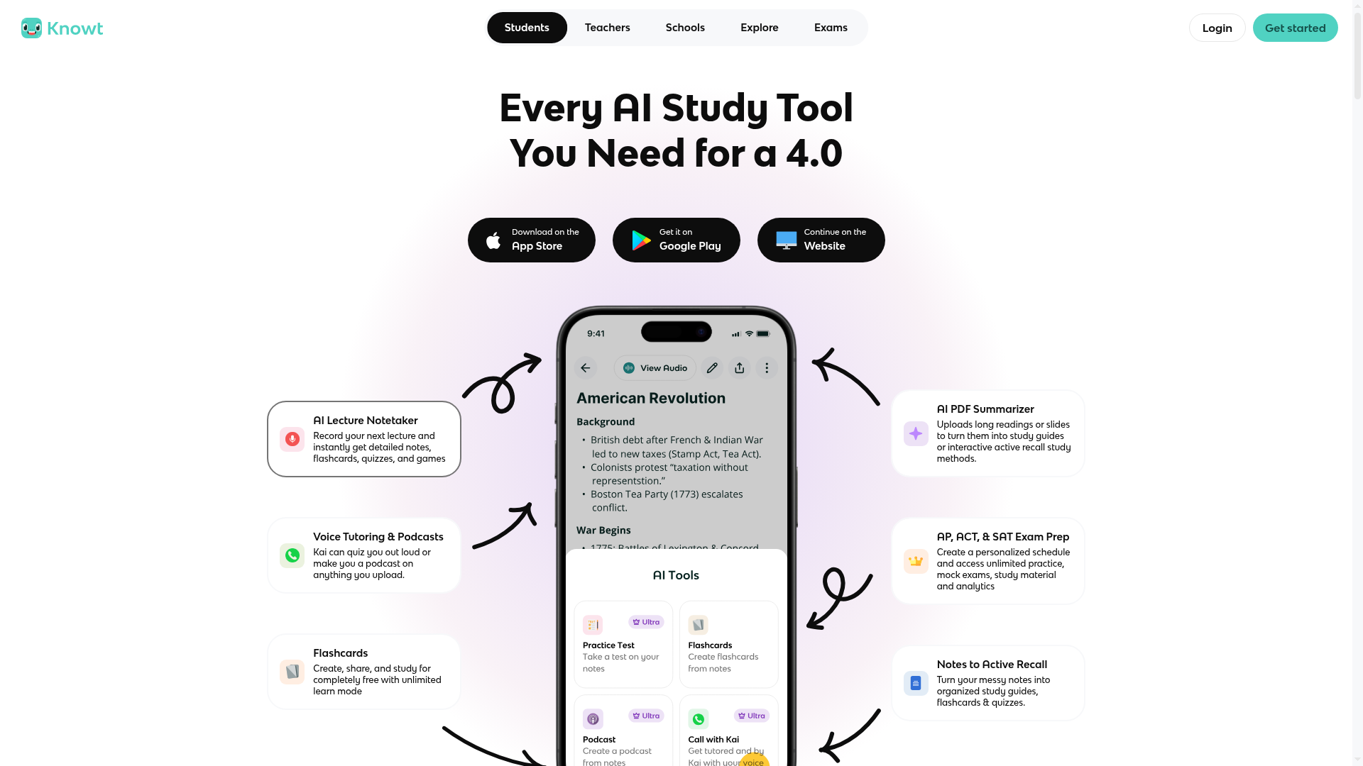 Knowt study platform with notes, flashcards, quizzes, and active recall tools