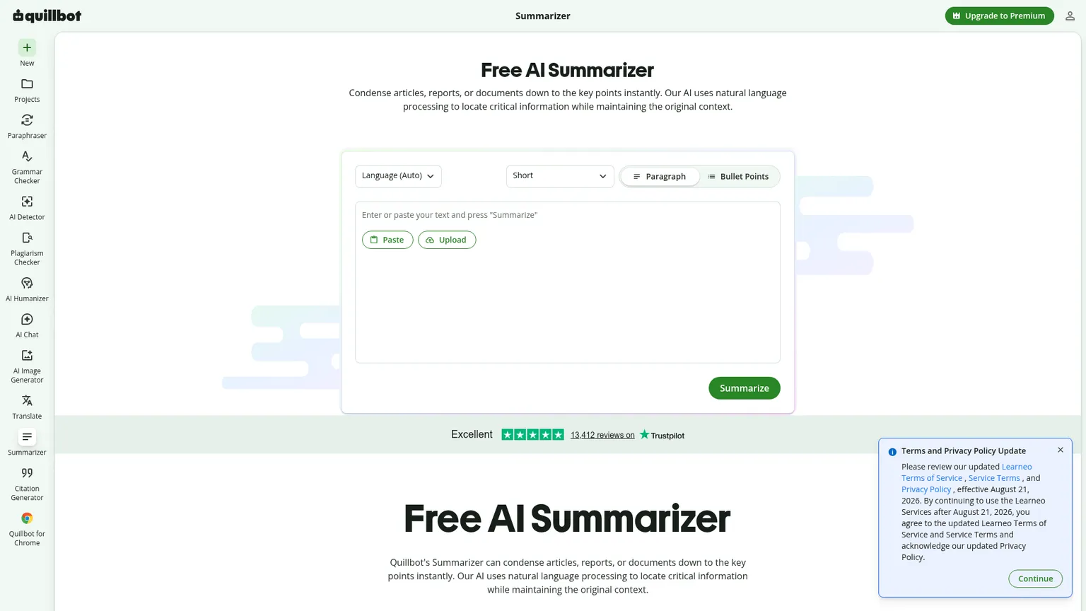 QuillBot text summarizer with paragraph and bullet modes