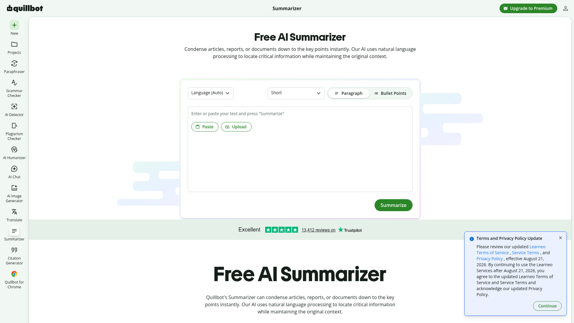 QuillBot text summarizer with paragraph and bullet modes