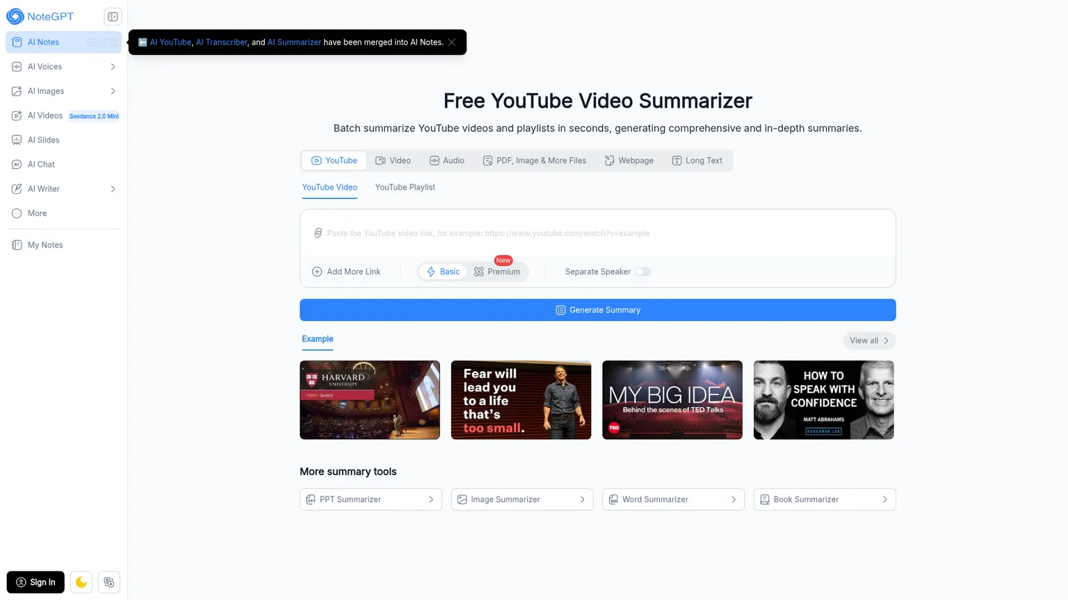 NoteGPT YouTube transcript and summary interface