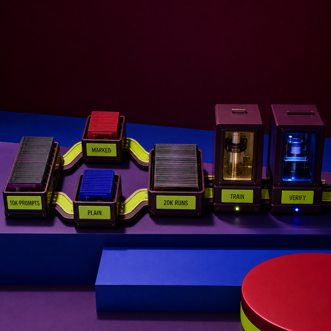 Calibration timeline from 10,000 prompts through 20,000 runs to training and verification