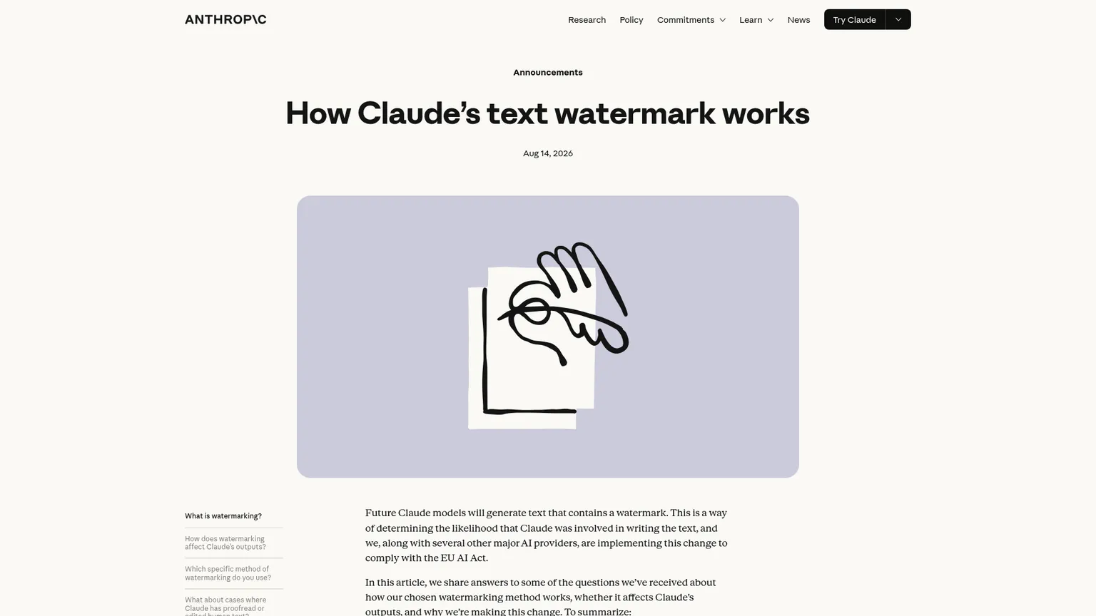 Anúncio da Anthropic sobre marcação e detecção de texto do Claude