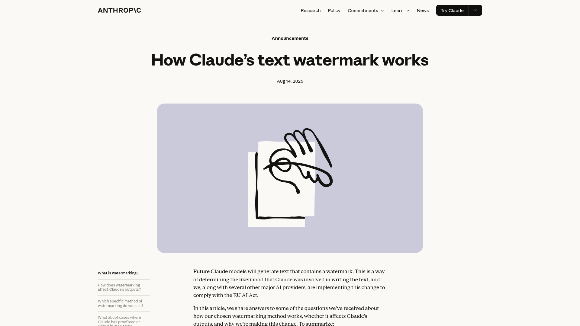 Anthropic announcement describing Claude text watermarking and detection
