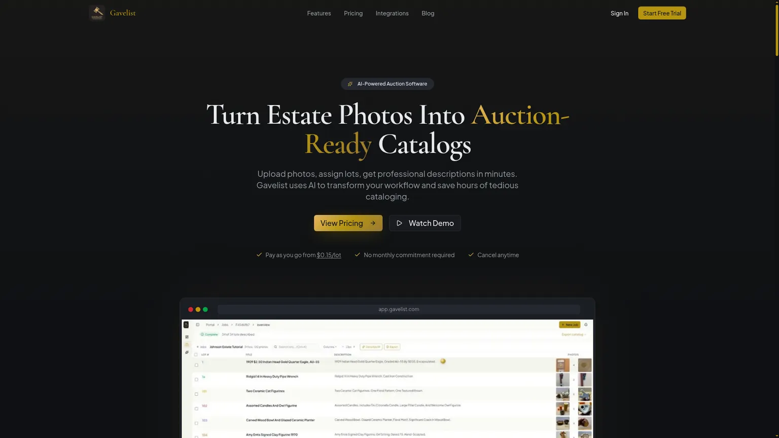 Gavelist AI auction cataloging homepage