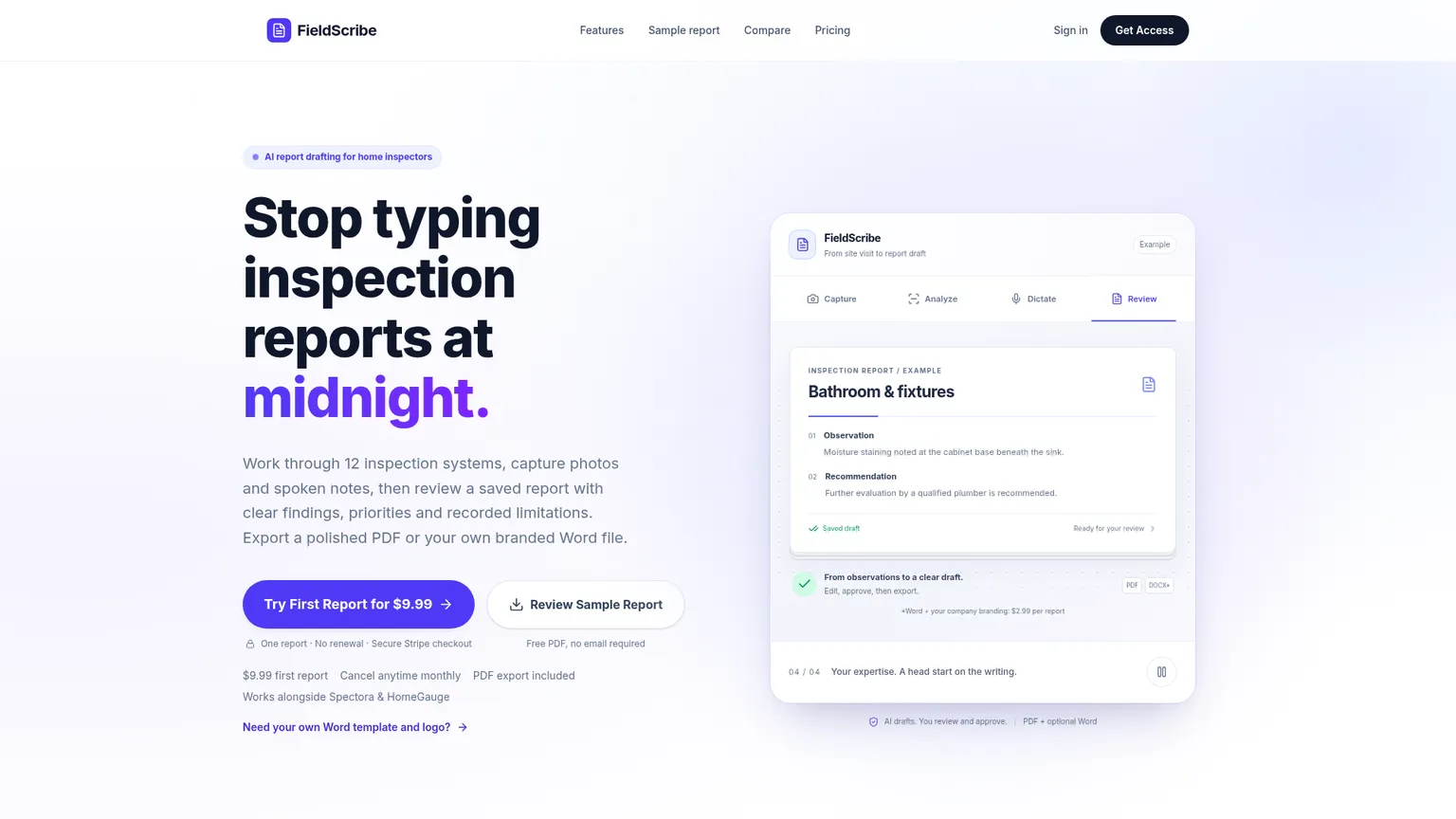 FieldScribe AI home inspection report generator page