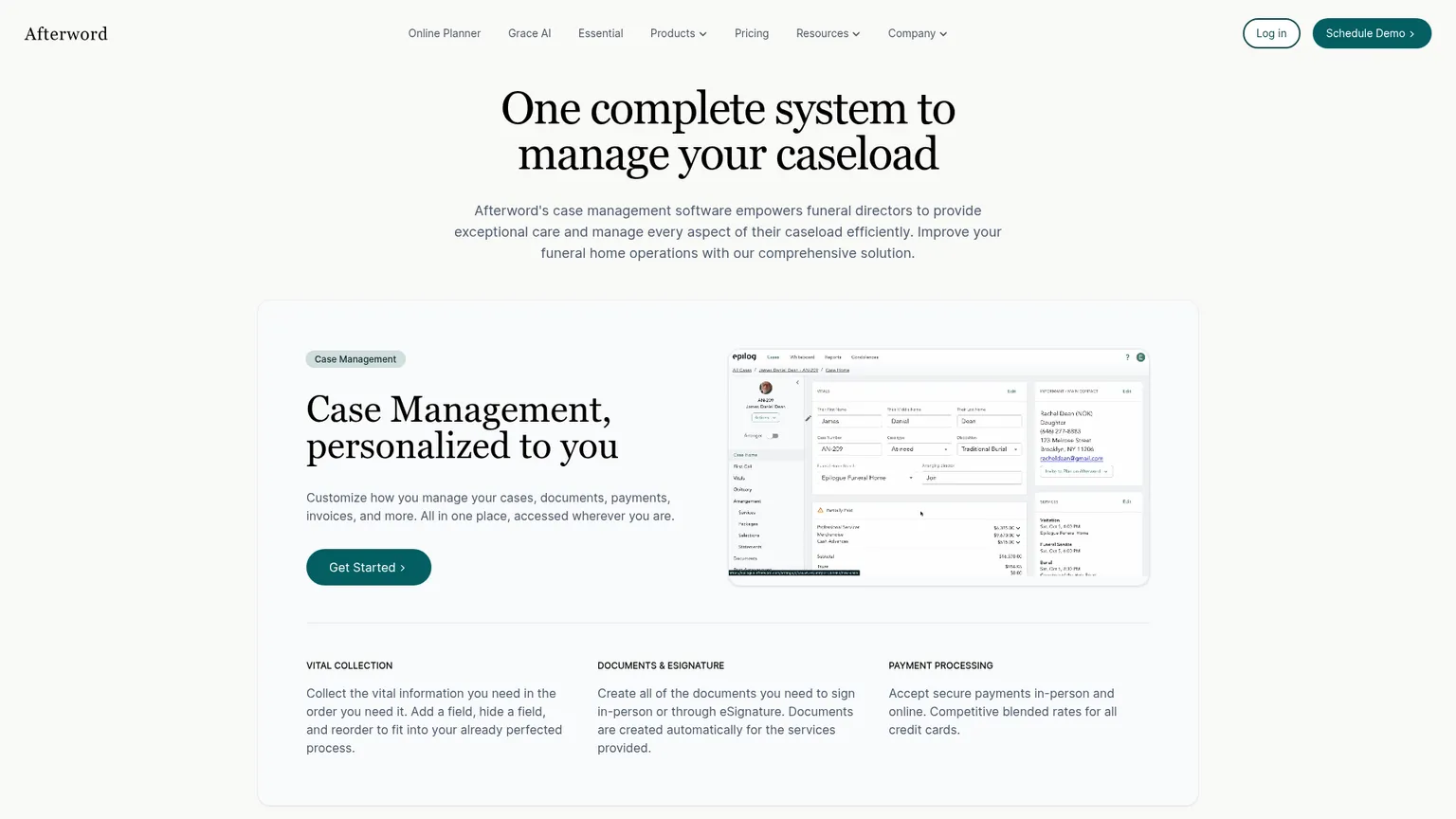 Pagina Afterword Case Management che mostra la funzione AI Obituary Writer