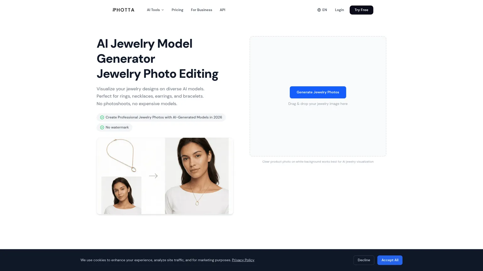 제품 업로드와 모델 착용컷 워크플로를 보여 주는 Photta Jewelry Studio 페이지