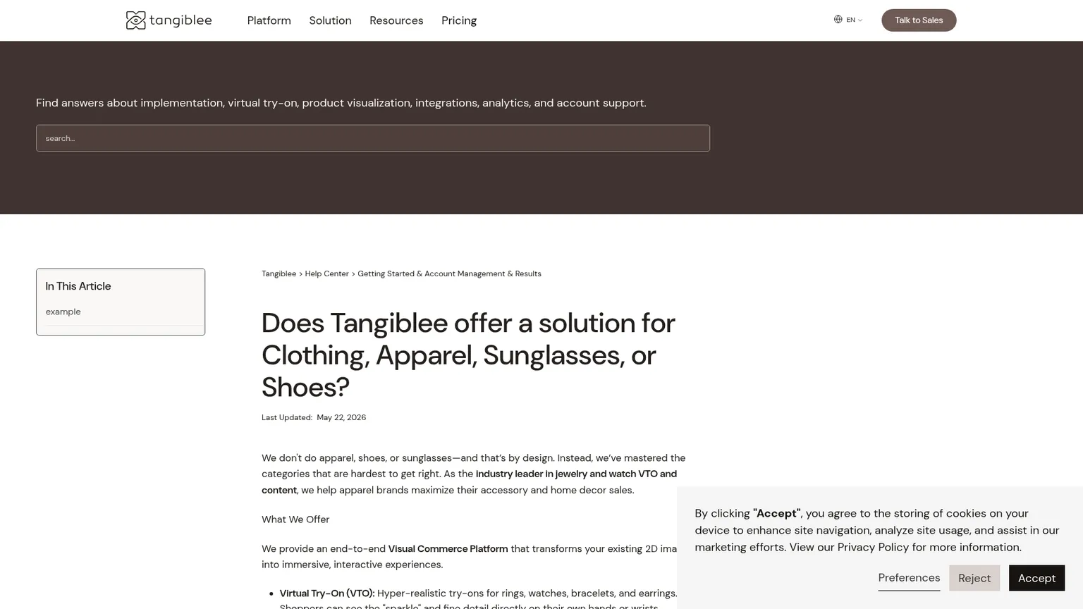 주얼리 가상 착용과 라이프스타일 콘텐츠를 설명하는 Tangiblee 도움말 페이지