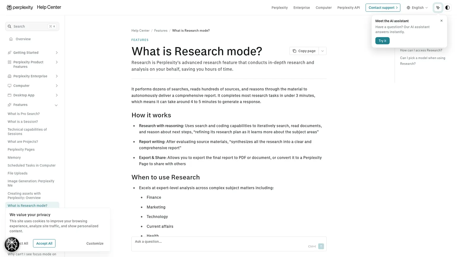 Página oficial do modo Research do Perplexity