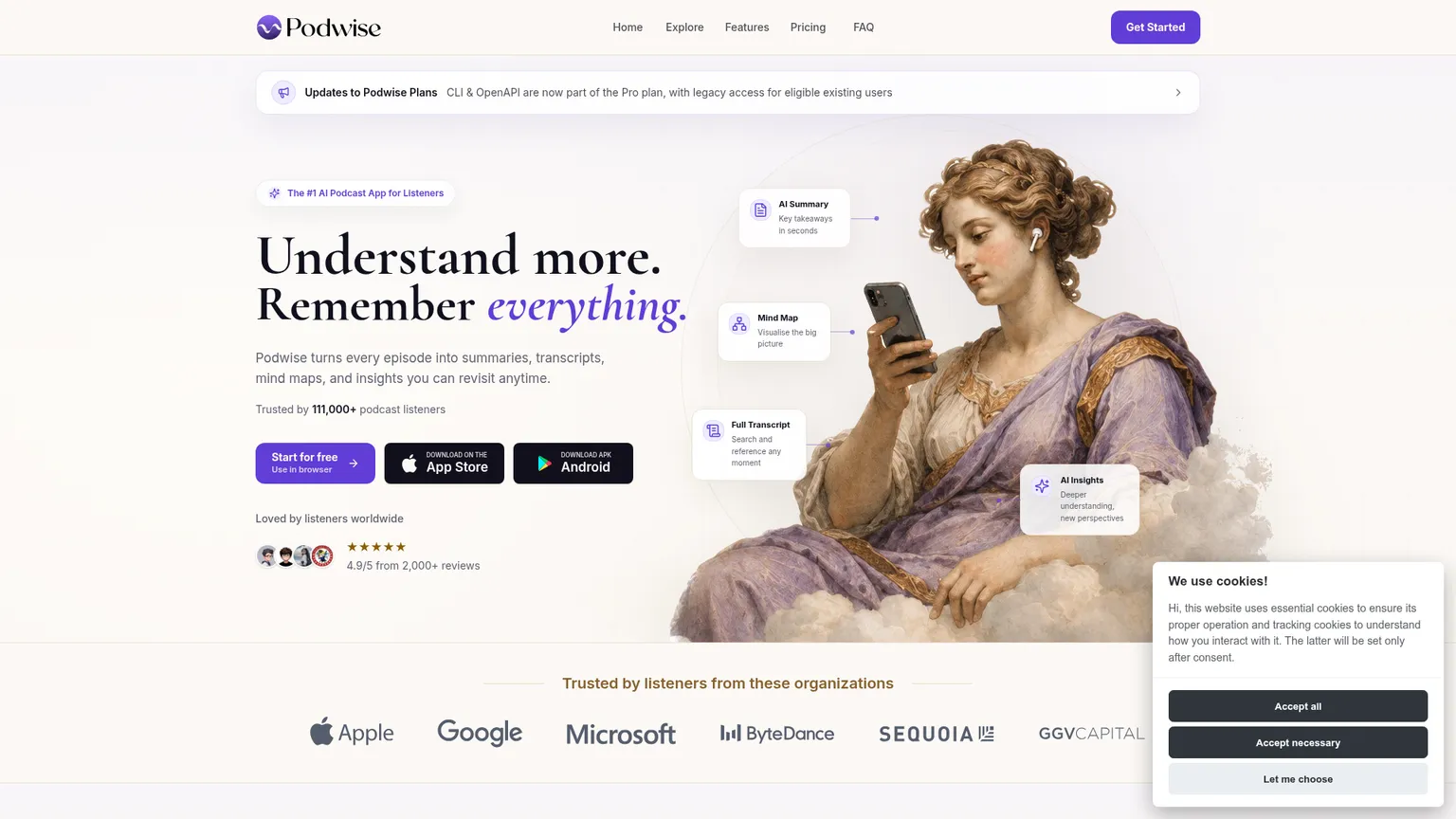 Área de trabalho do Podwise com transcrição, resumo e busca de podcasts por IA