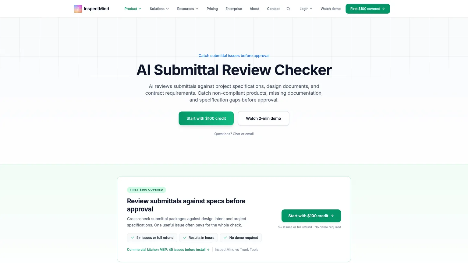 صفحة InspectMind AI Submittal Review Checker