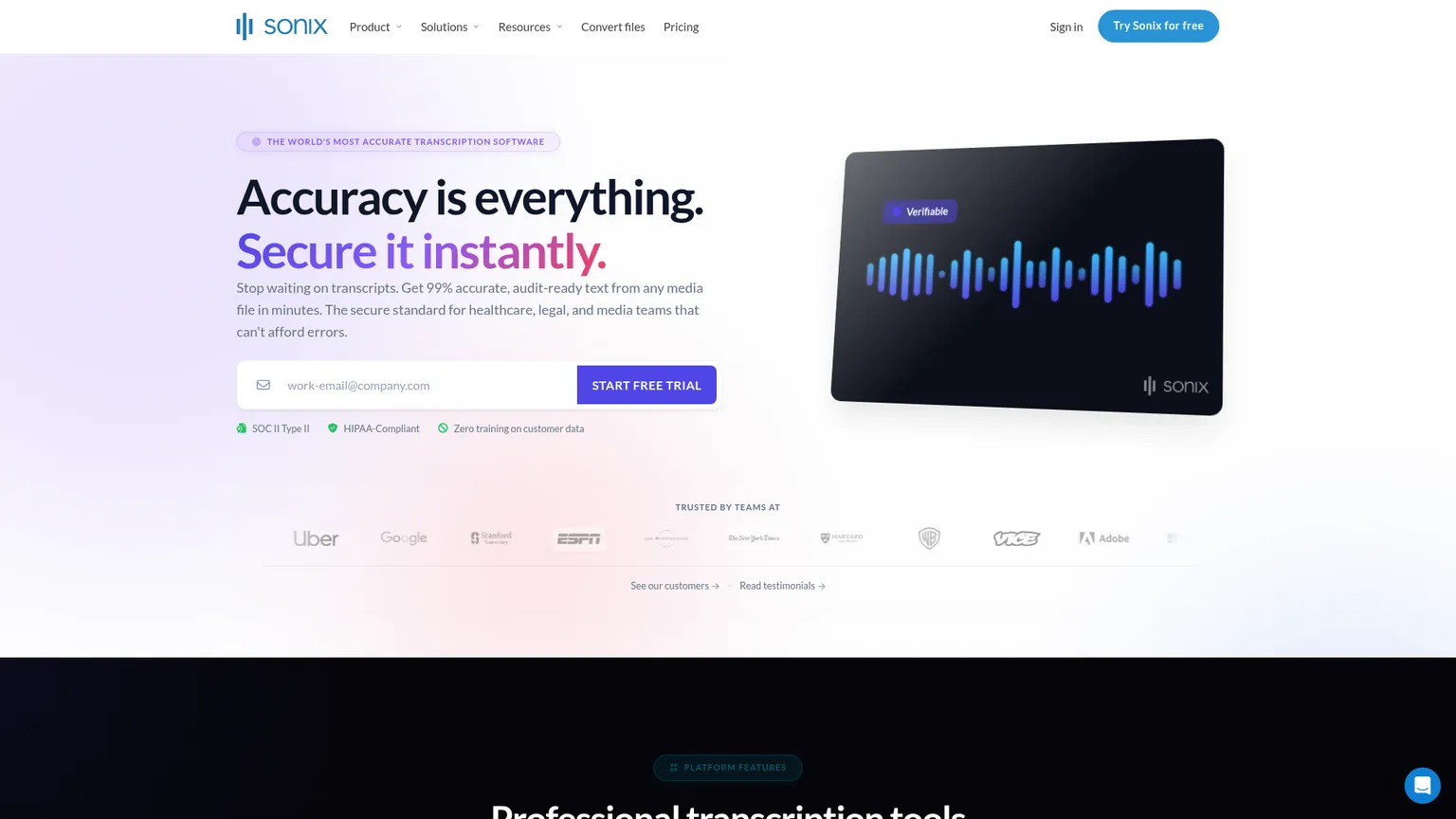 Sonix AI transcription platform homepage