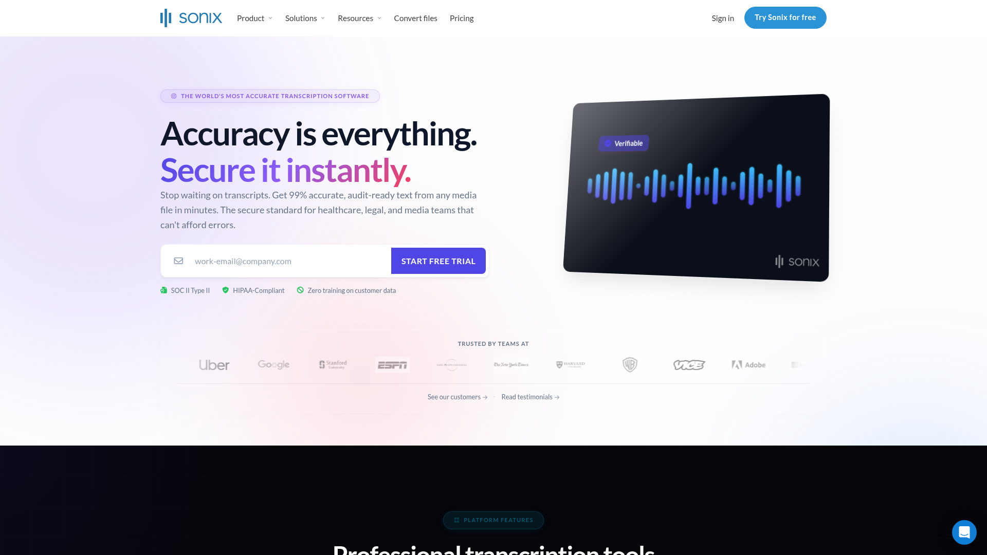 Sonix AI transcription platform homepage