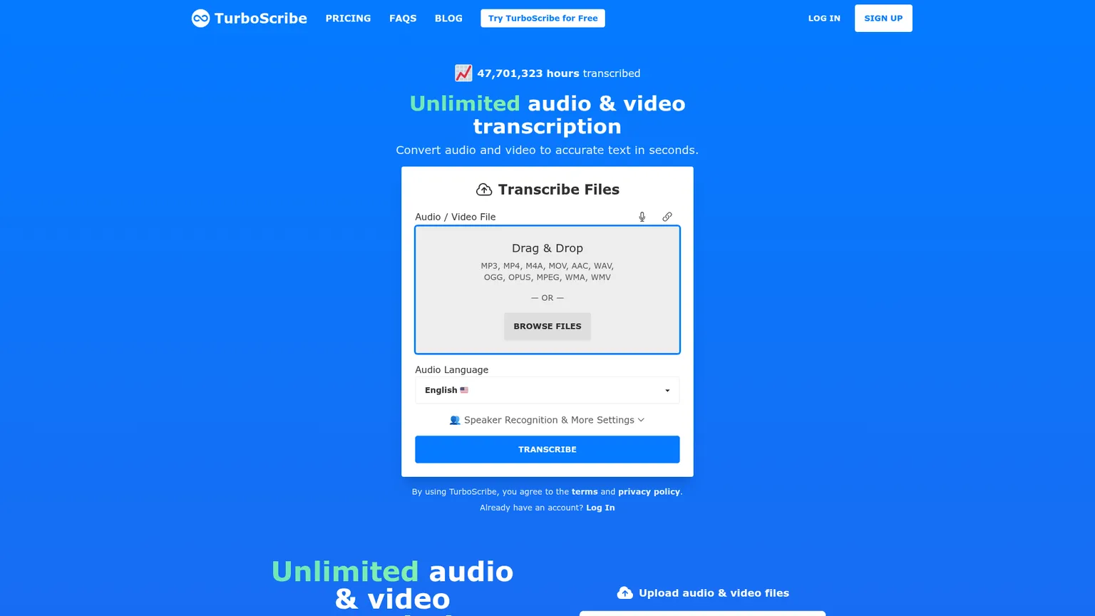 TurboScribe AI transcription upload interface