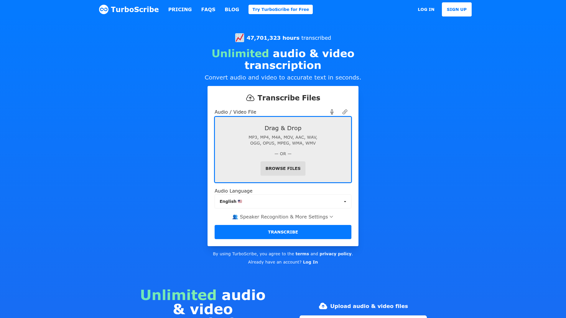 TurboScribe AI transcription upload interface
