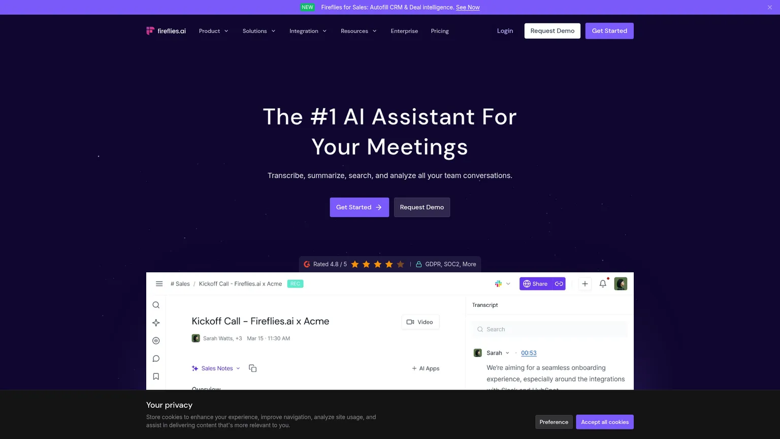 Fireflies AI meeting transcription and automation homepage