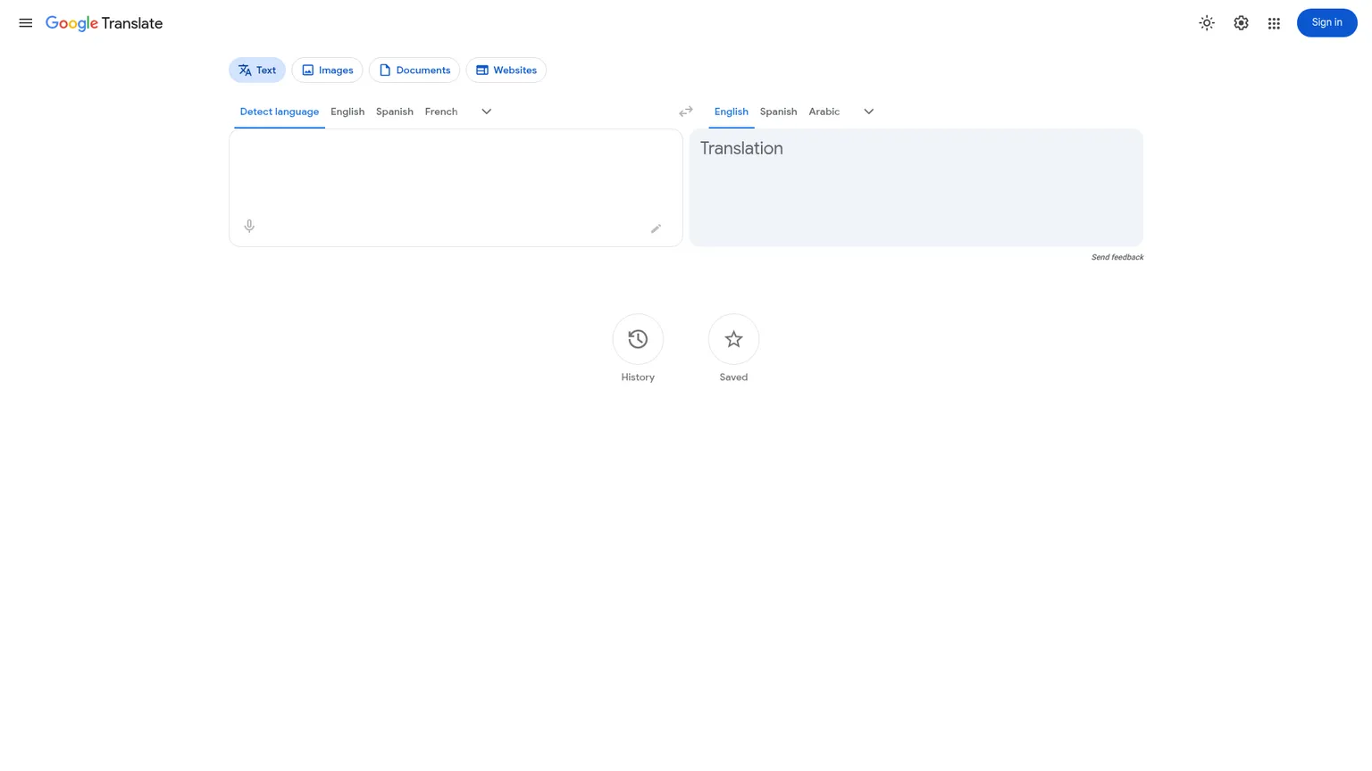 Interfaccia di Google Traduttore per la traduzione di testi