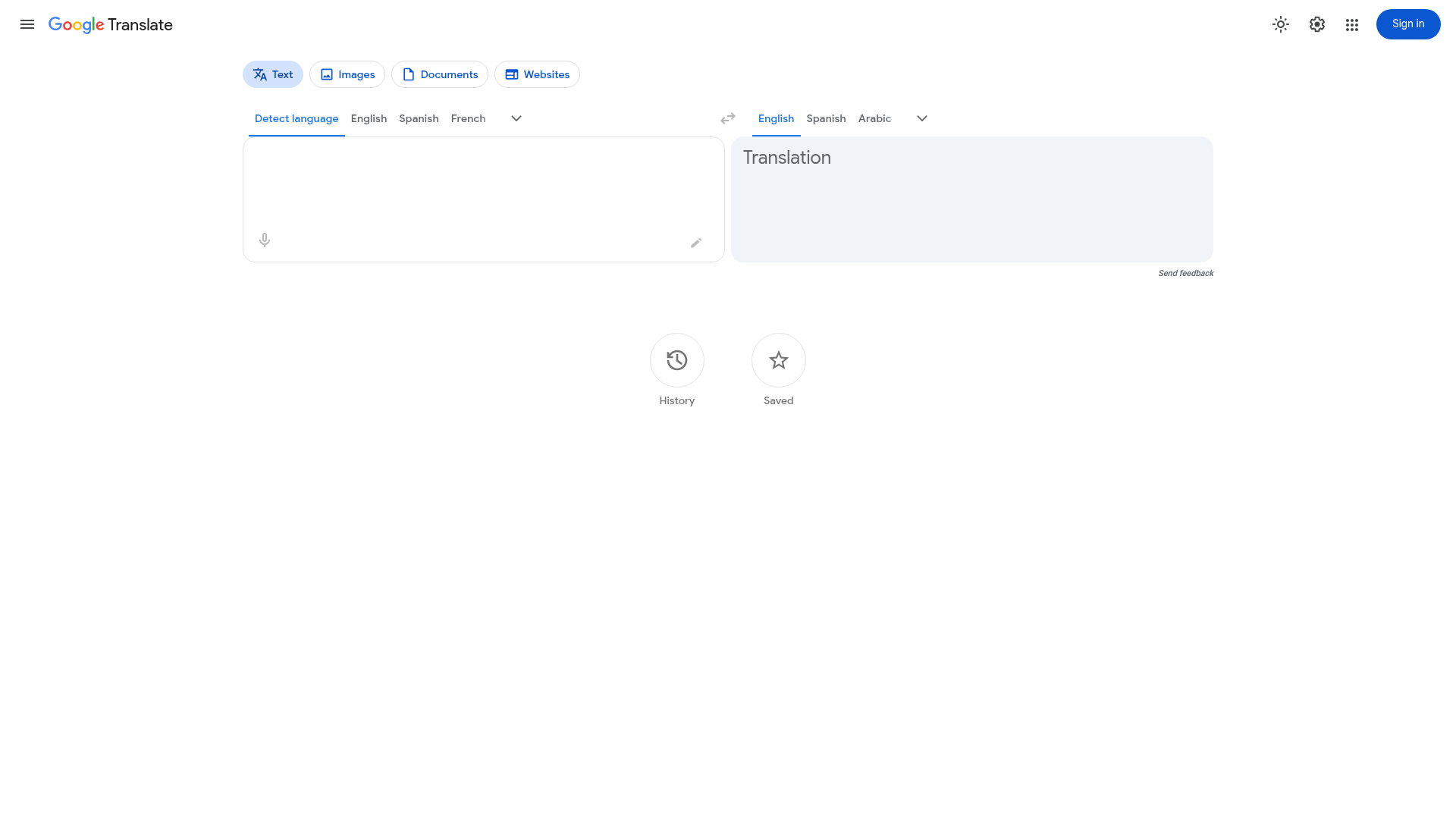 Google Translate interface for translating text