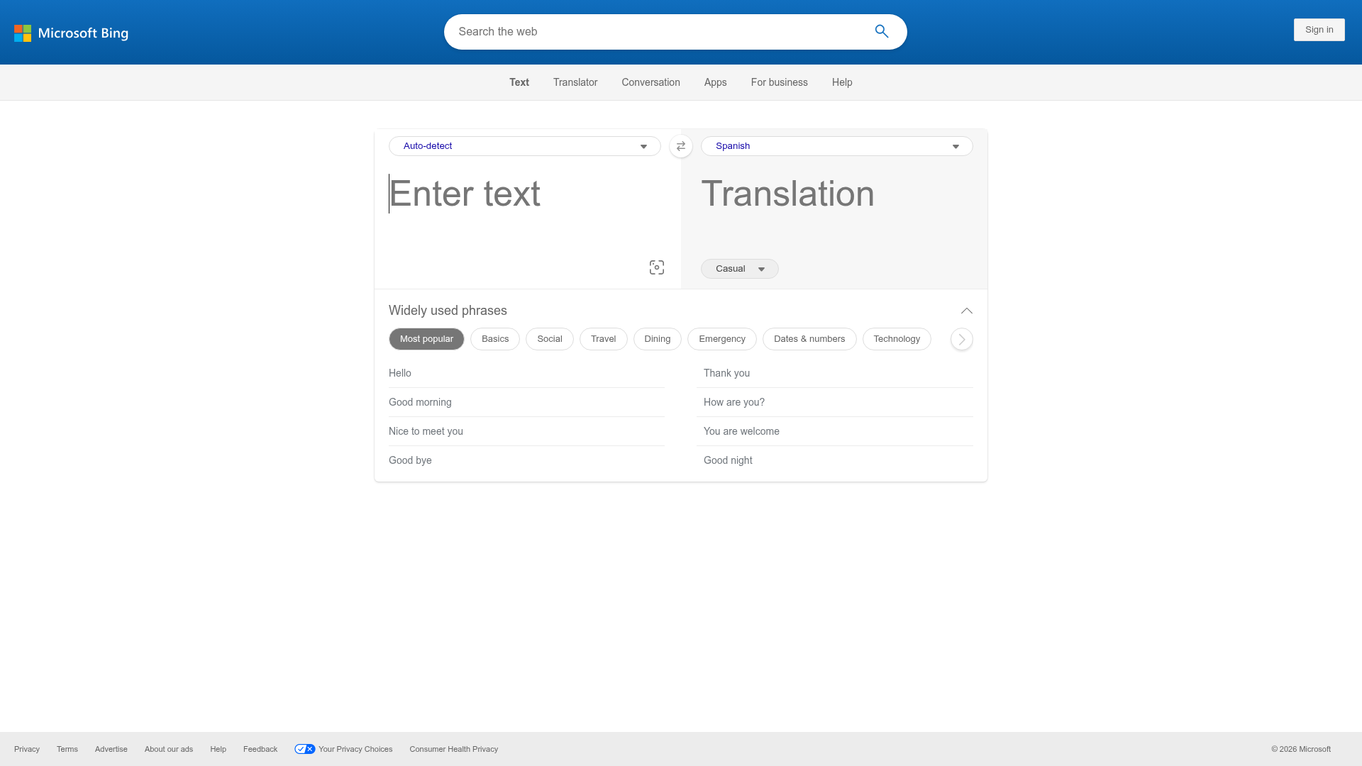 Microsoft Translator interface for translating text