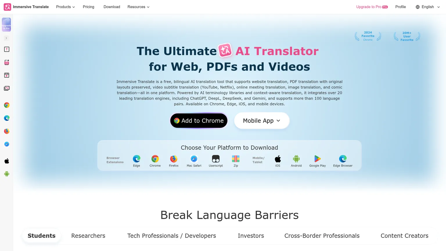 Interfaccia di traduzione bilingue per pagine web di Immersive Translate