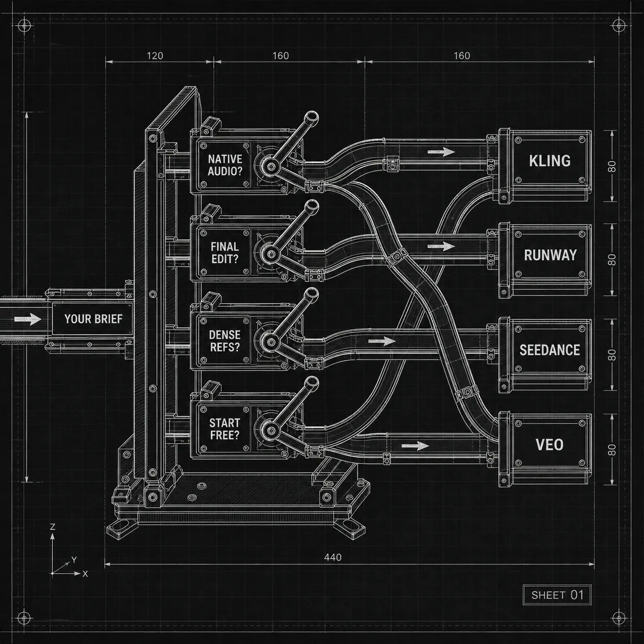 Diagramma decisionale per scegliere un generatore video AI in base ad audio nativo, editing, riferimenti e accesso gratuito