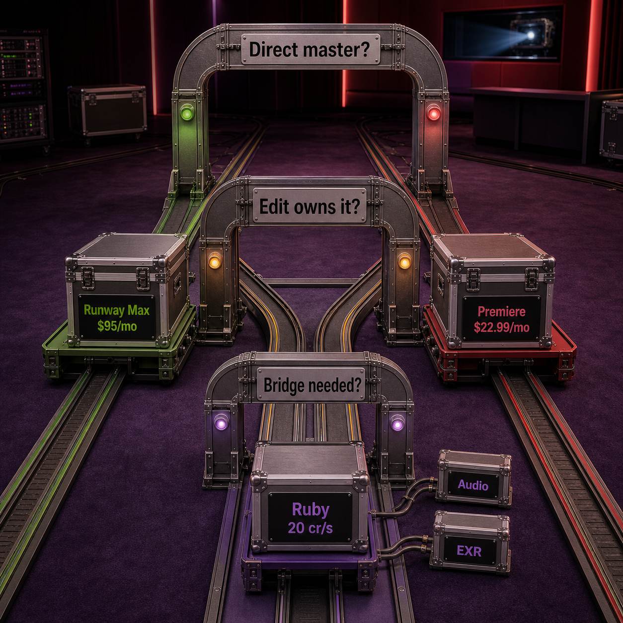 Decision flow routing a video team to direct Runway ProRes, Premiere, or a finishing bridge