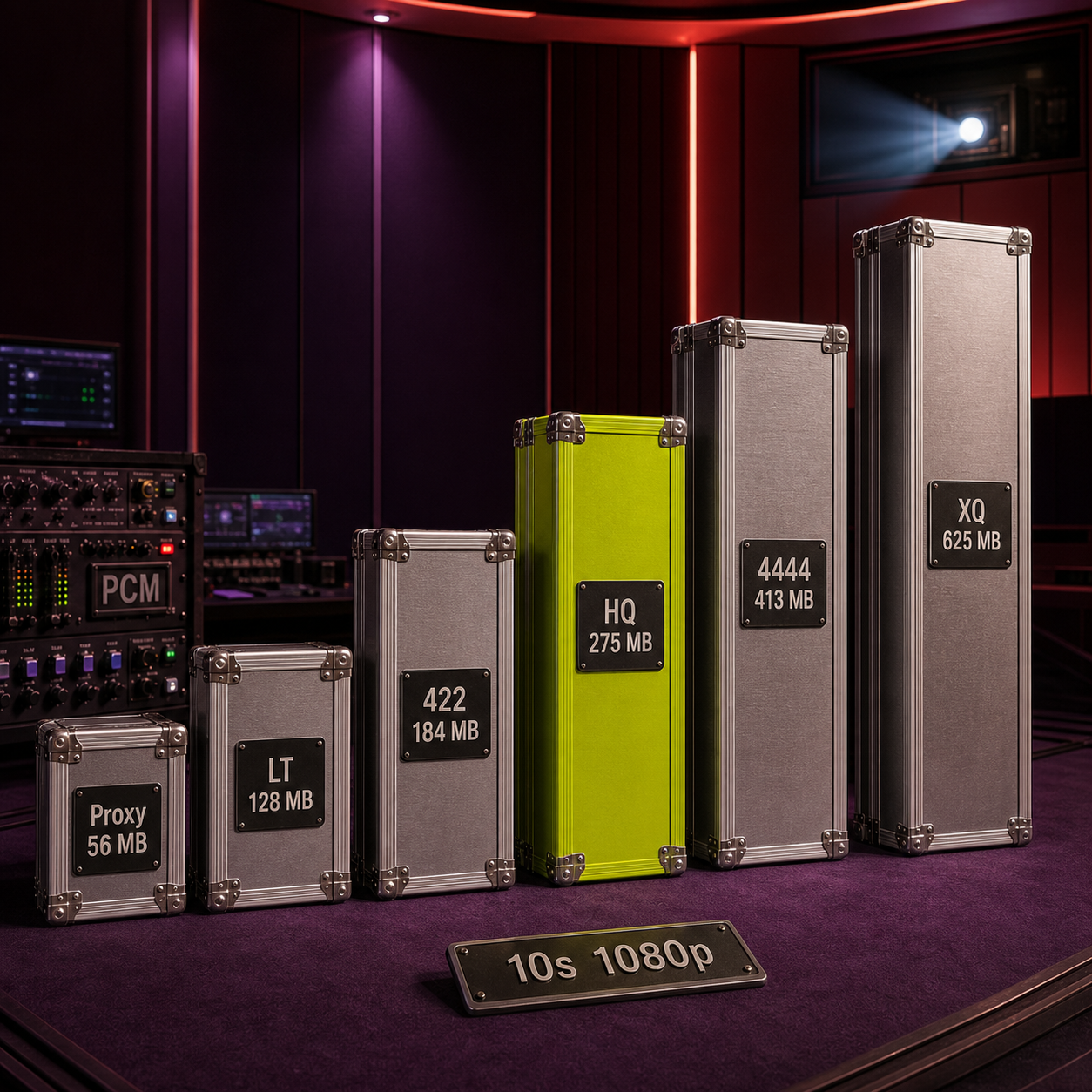 Six physical master cases comparing the approximate size of ten-second ProRes files