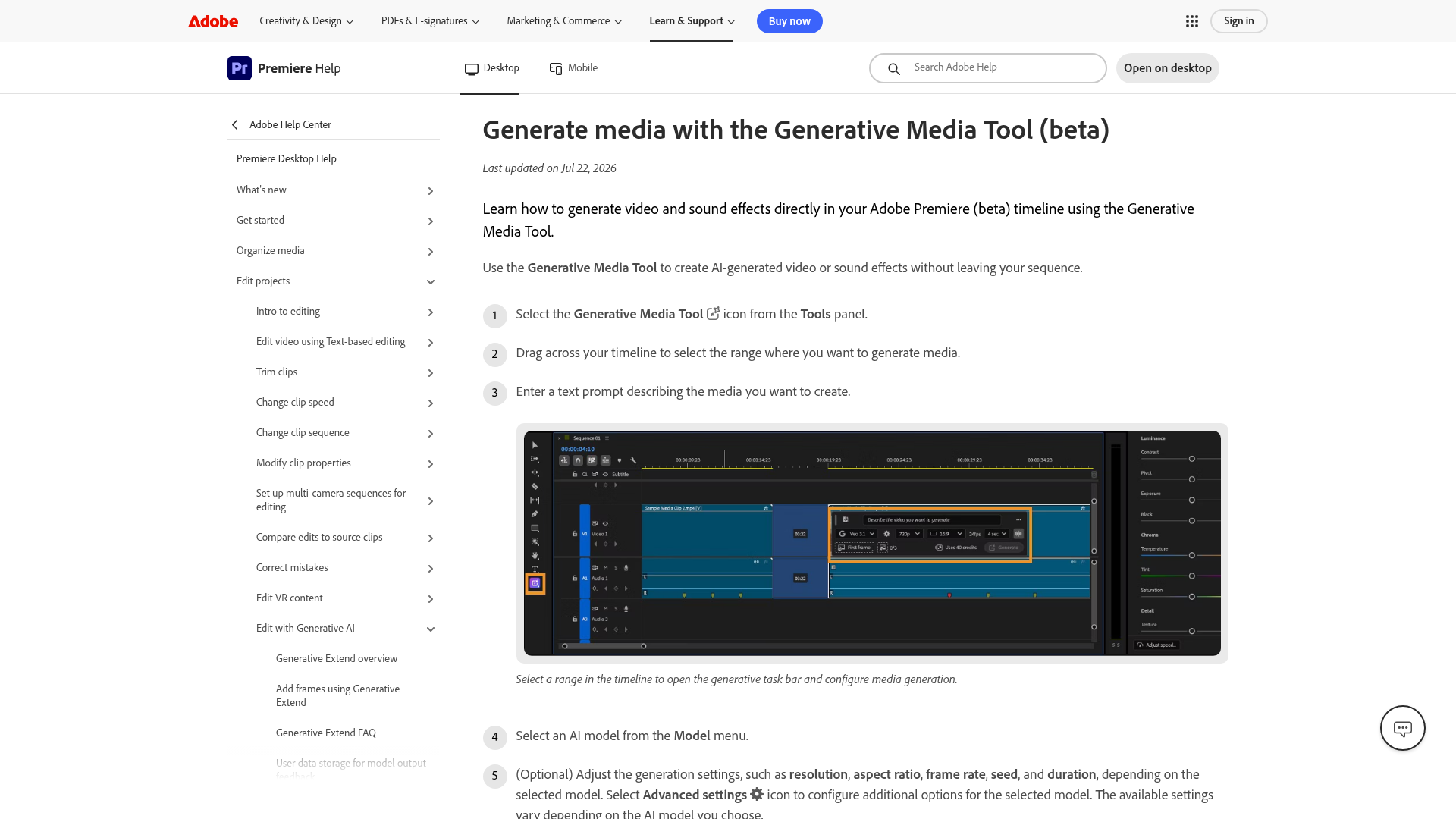 Adobe Premiere beta Generative Media Tool inside a video timeline