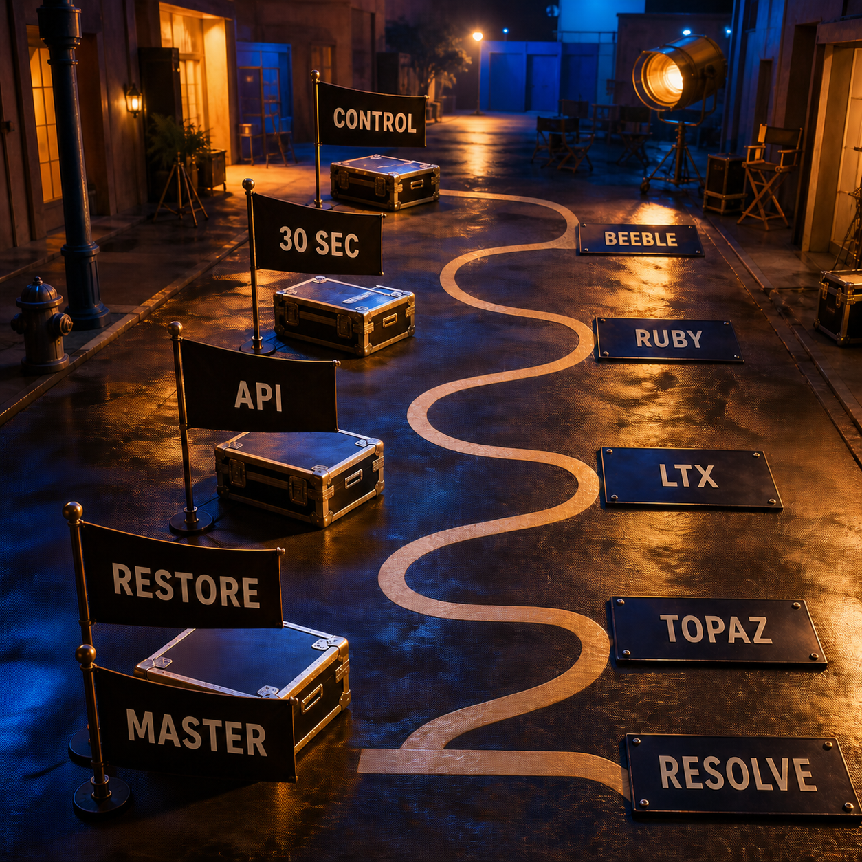 Decision path routing HDR post-production jobs to Beeble, Runway Ruby, LTX, Topaz, or DaVinci Resolve