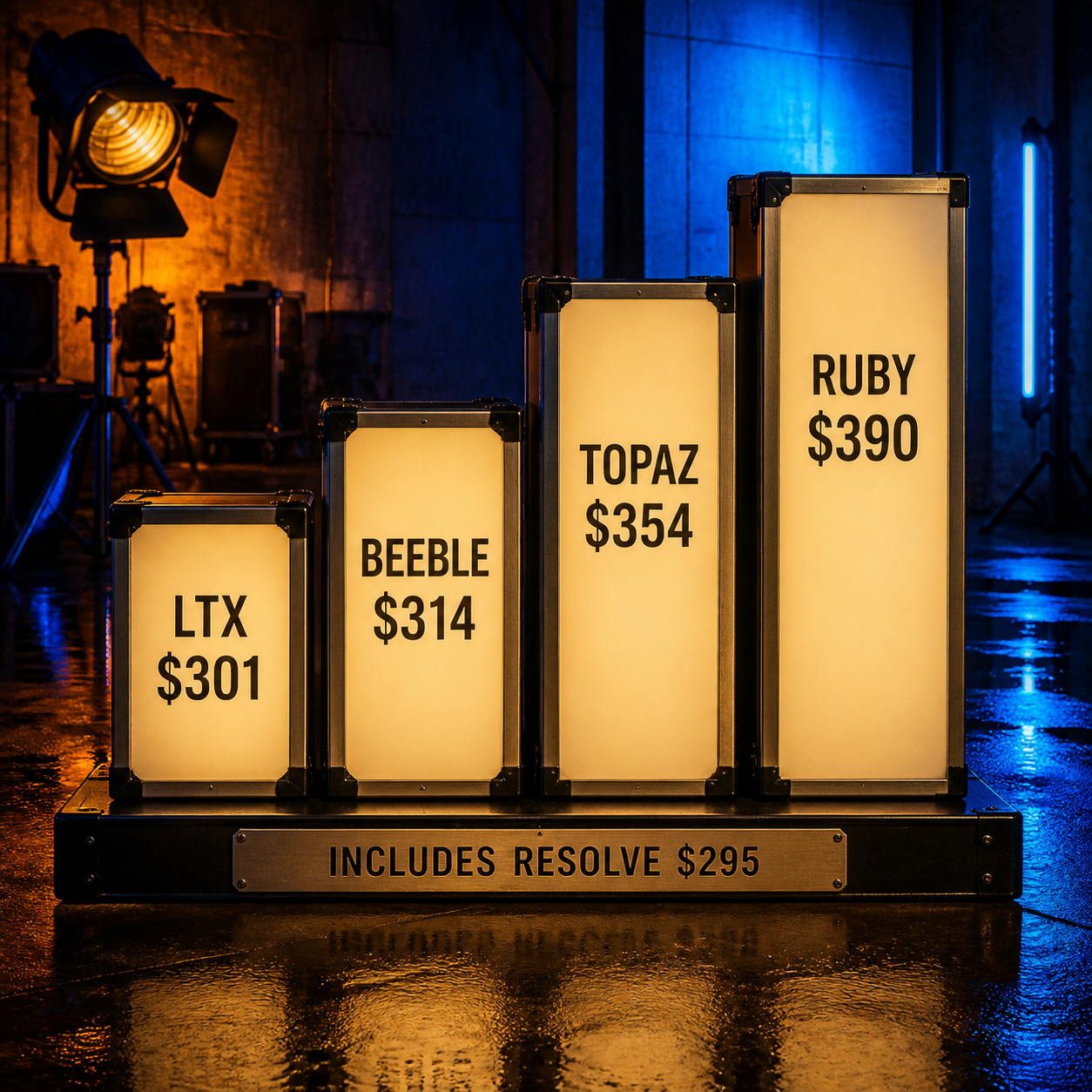 Bar chart comparing first-project software access for LTX, Beeble, Topaz, and Runway Ruby with Resolve Studio included