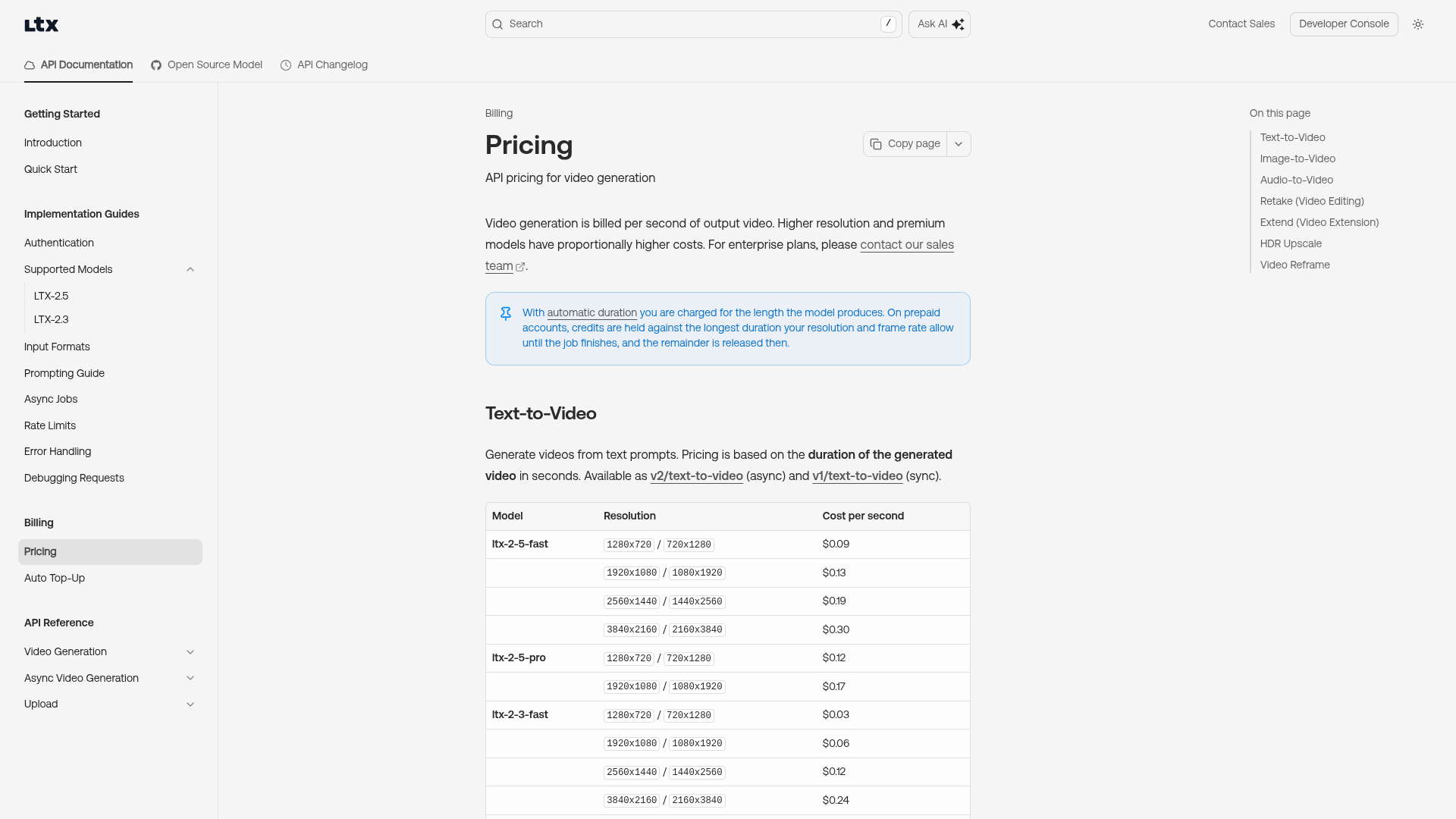 LTX API pricing documentation with HDR upscale rates