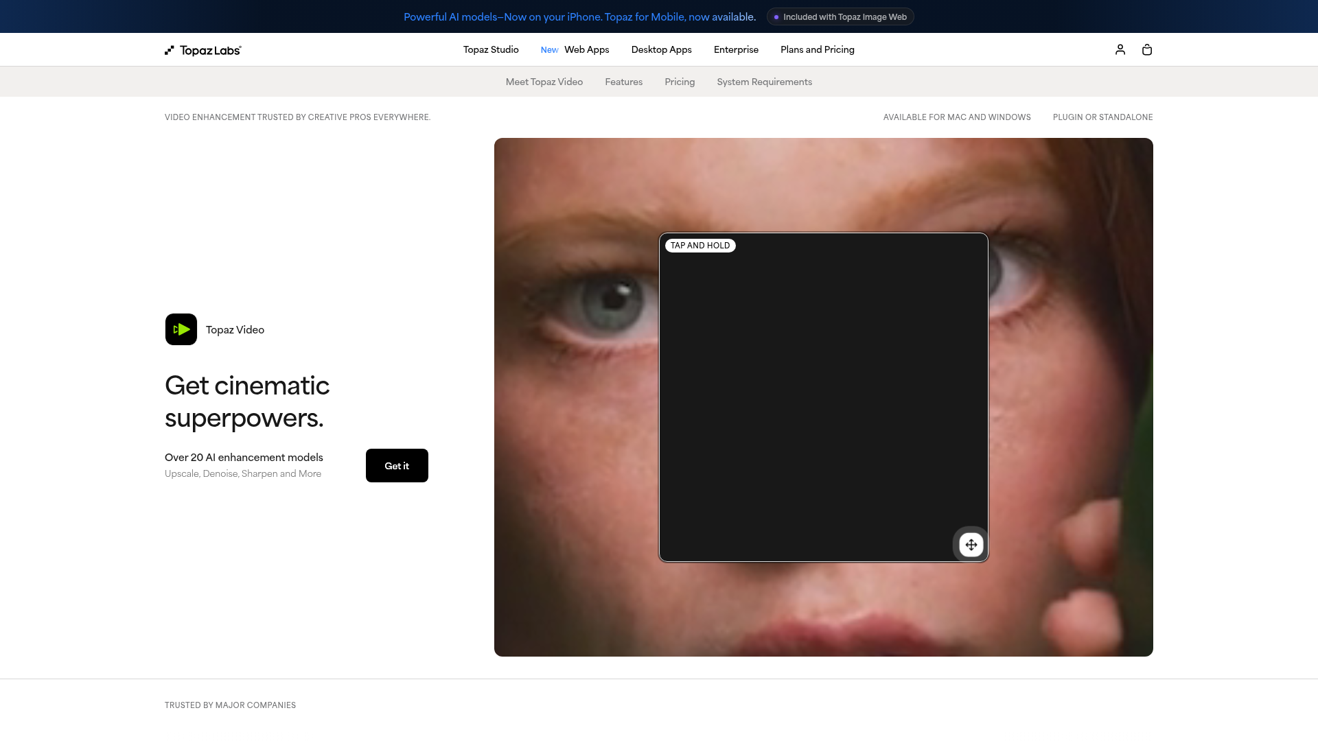 Topaz Video product page showing local AI video enhancement
