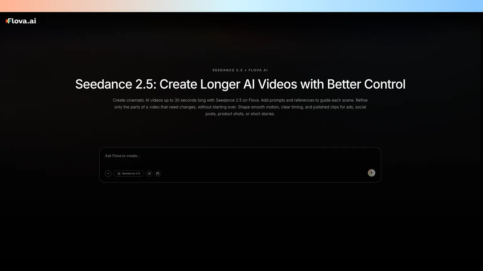 Página de la plataforma de video Flova con Seedance 2.5